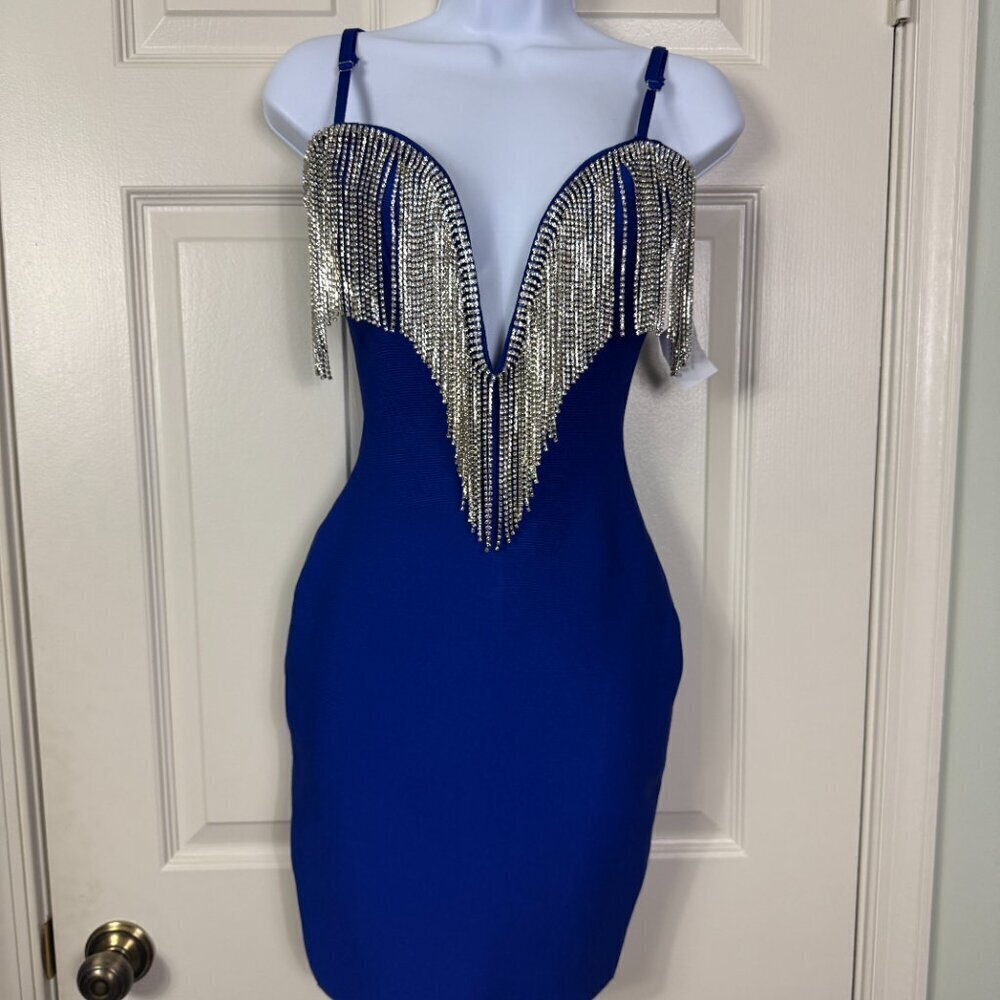 AKIRA Rhinestone Blue Waterfall Bandage Mini Dress New with Tags XS